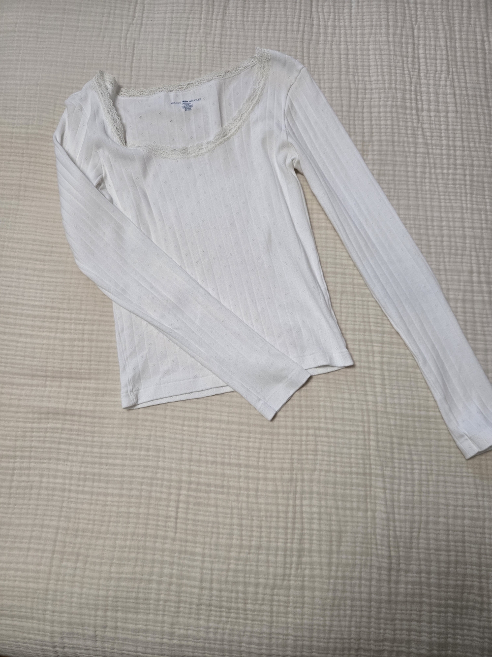 Brandy Melville Cotton White Ribbed Lace-Trim Long Sleeve Top